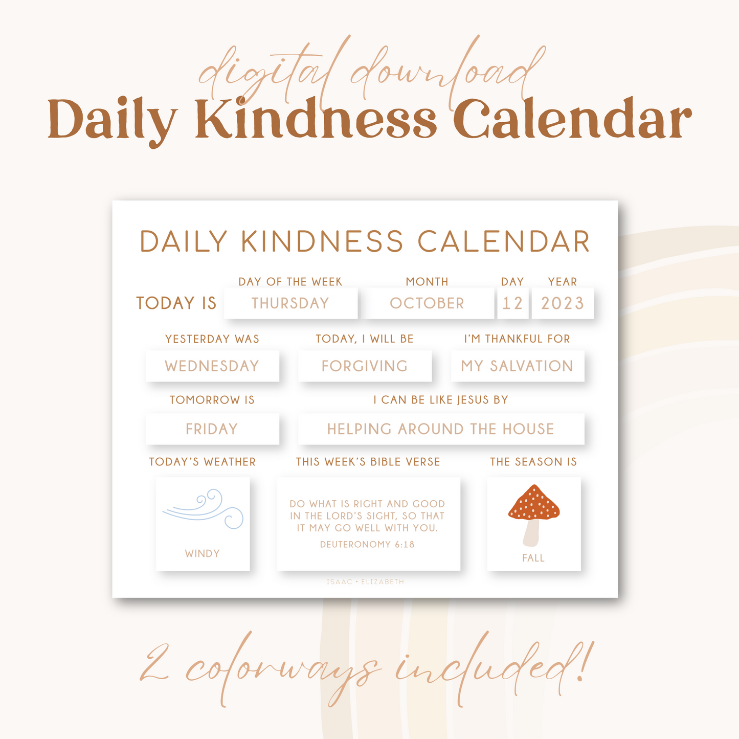 Daily Kindness Calendar | Digital Download | 2 Colorways | Black and White + Neutral