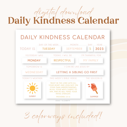 Daily Kindness Calendar | Digital Download | 3 Colorways | Colorful