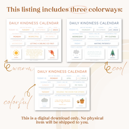Daily Kindness Calendar | Digital Download | 3 Colorways | Colorful